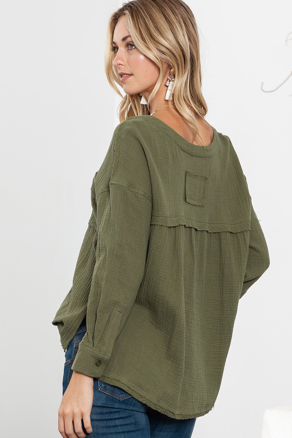 Green Gauze Buttoned V Neck Long Sleeve Shirt with Pockets