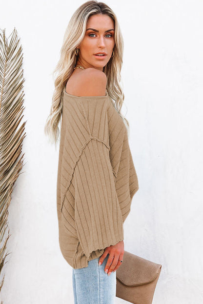 Apricot Solid Color Ribbed Knit 3/4 Sleeve Pullover Sweater