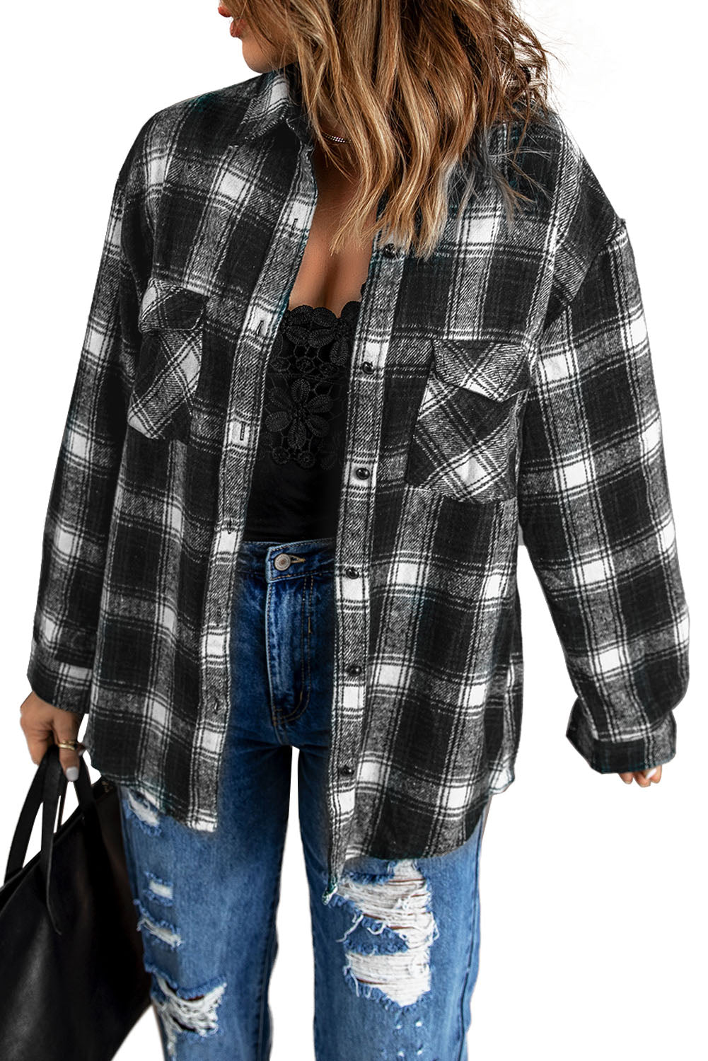 Brown Button Up Collared Plaid Shacket