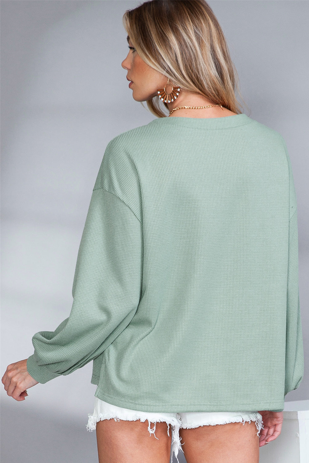 Green Waffle Knit Solid Color Long Sleeve Henley Top