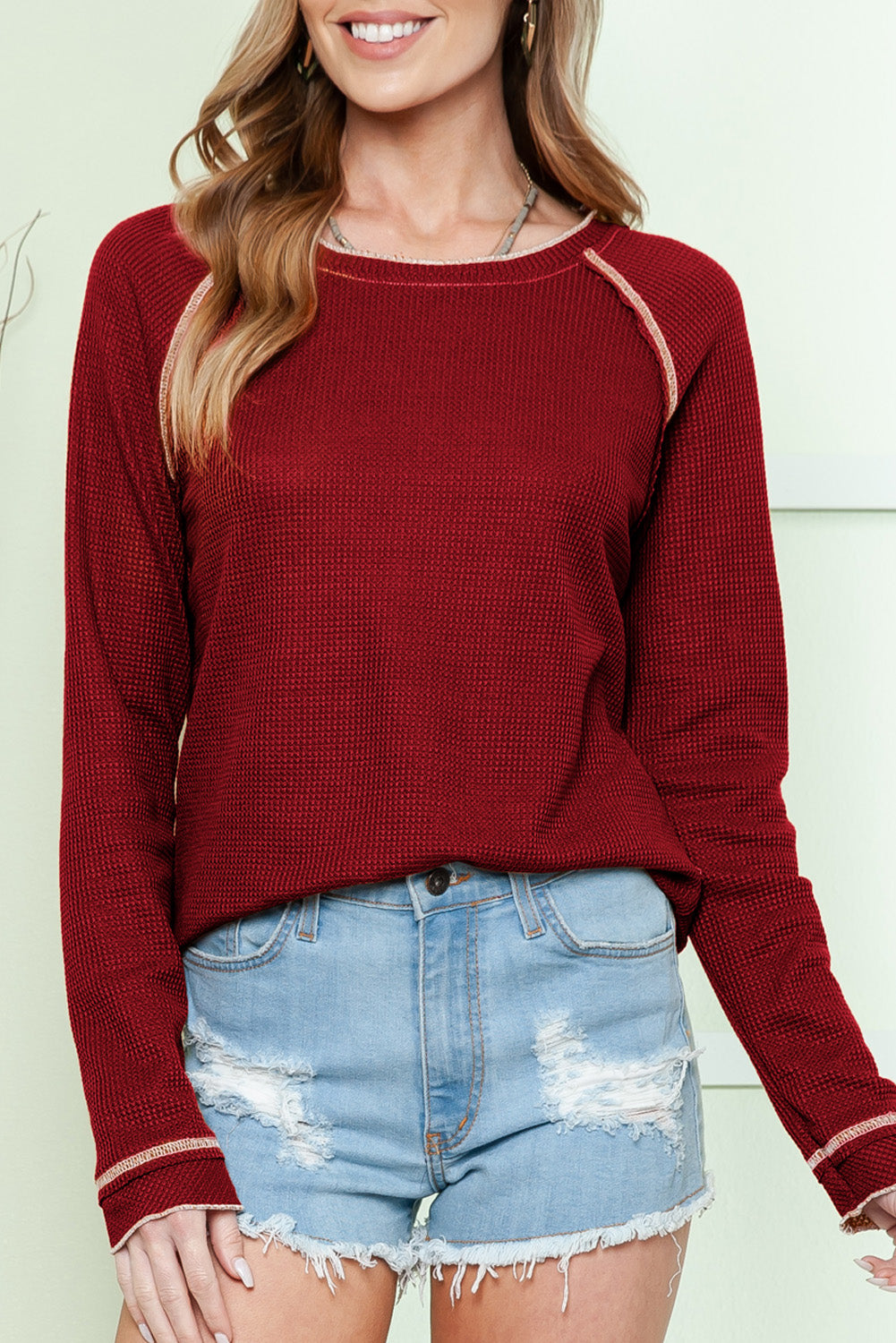 Red Exposed Seam Textured Pullover Long Sleeve Top