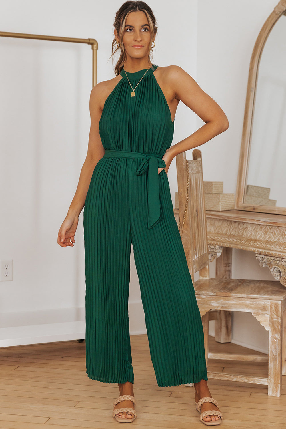 Black Elegant Halter Neck Belted Wide Leg Jumpsuit