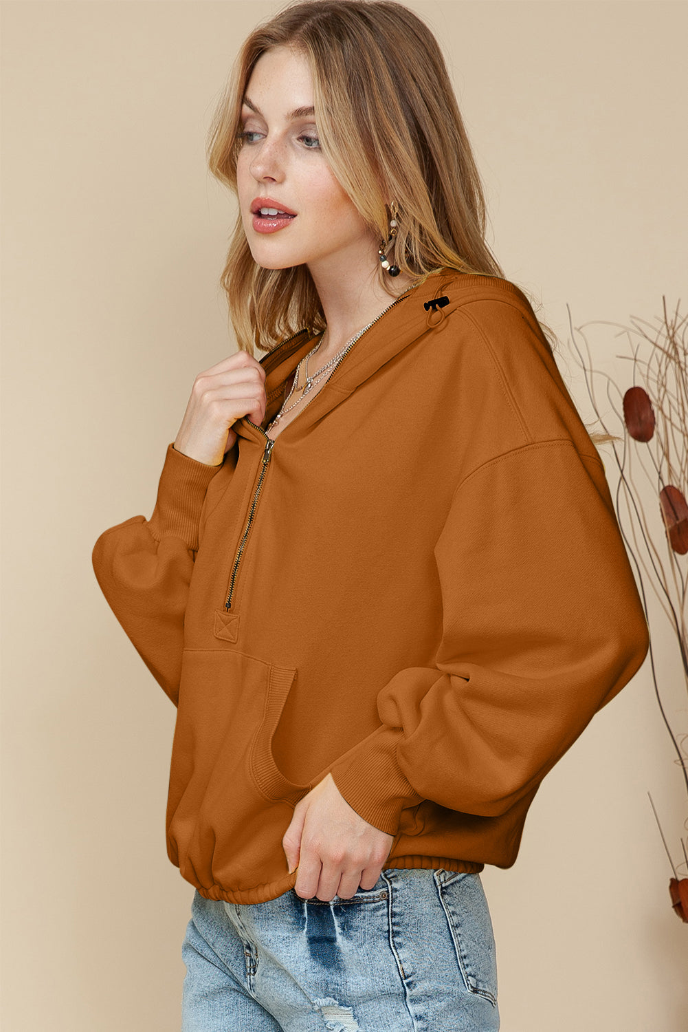 Brown Half Zip Pullover Hoodie with Kangaroo Pocket