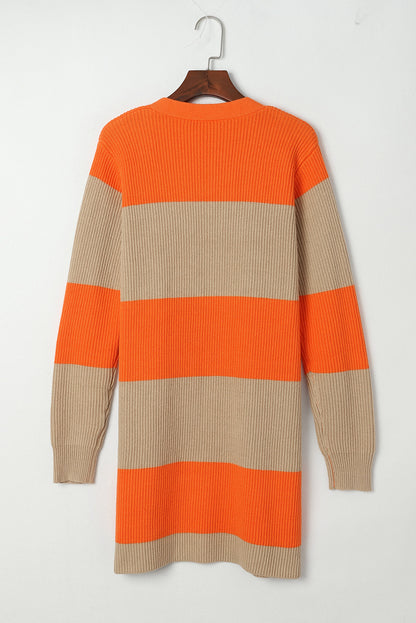 Orange Colorblock Ribbed Knit Open Front Cardigan