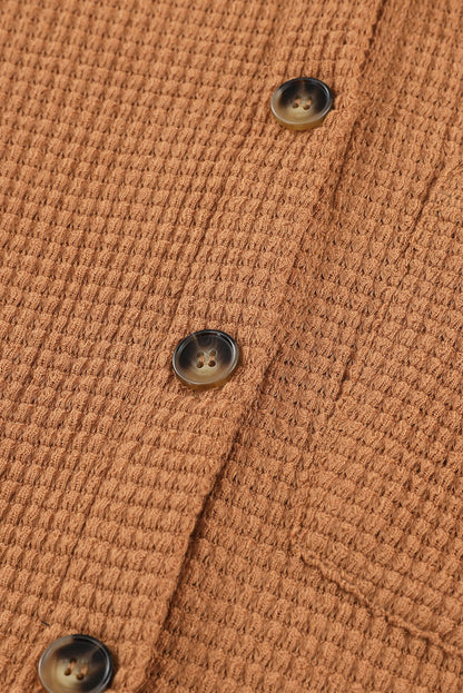 Khaki Pocket Buttons Front Waffle Knit Shacket