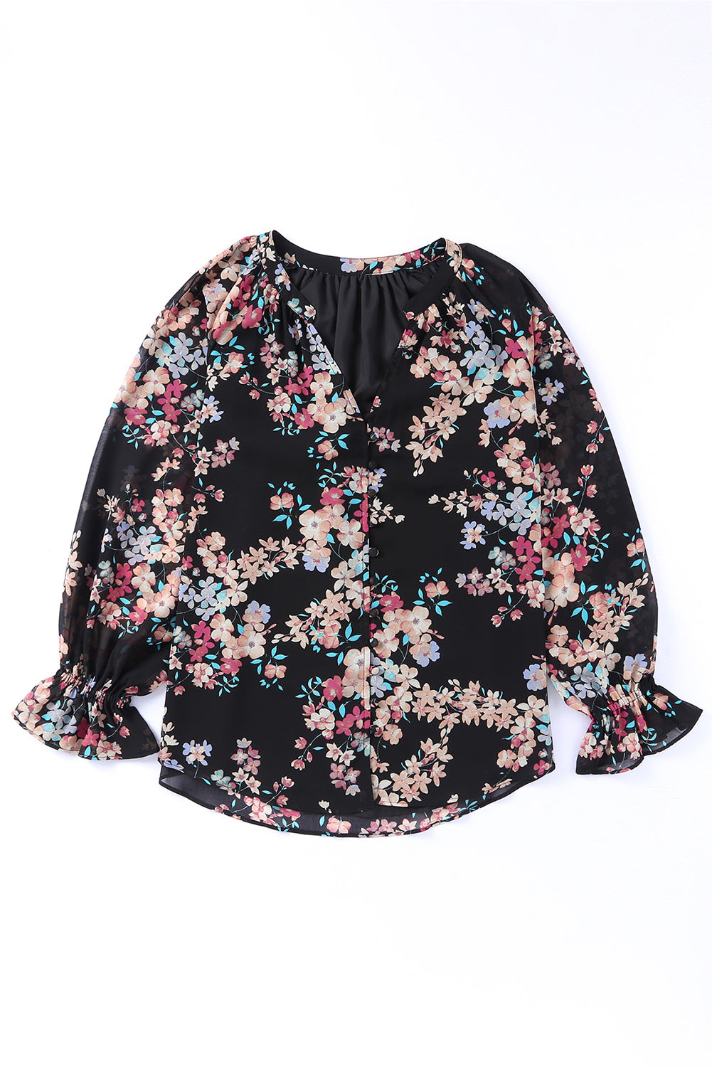 Black Floral Boho Chiffon Ruffle Blouse