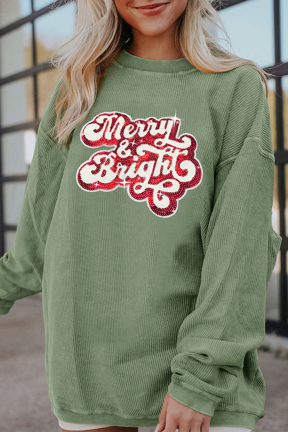 Racing Red Merry & Bright Sequin Ribbed Graphic Sweatshirt