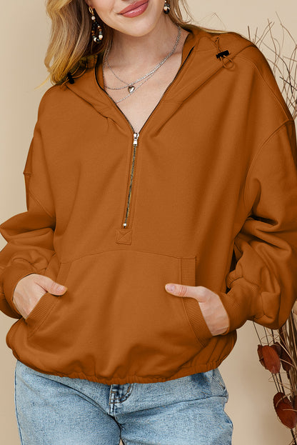 Brown Half Zip Pullover Hoodie with Kangaroo Pocket