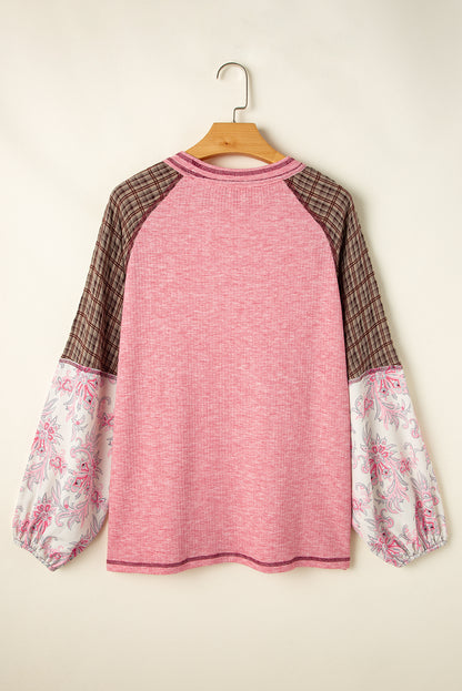 Fushia Floral Plaid Mixed Print Patchwork Raglan Ribbed Top