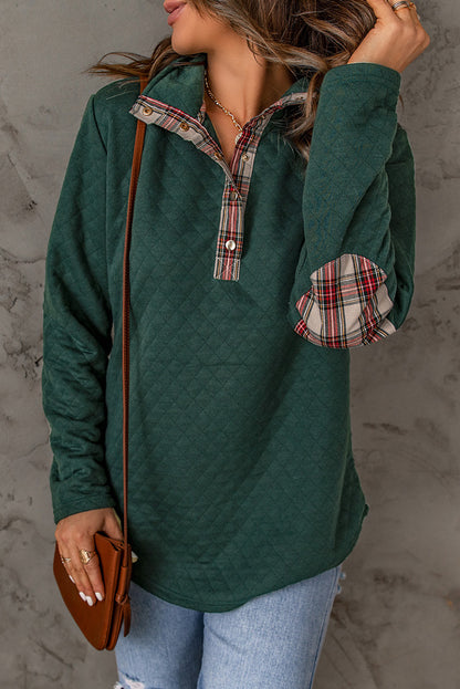 Green Plaid Geometric Texture Trim Buttons Neck Quilted Sweatshirt