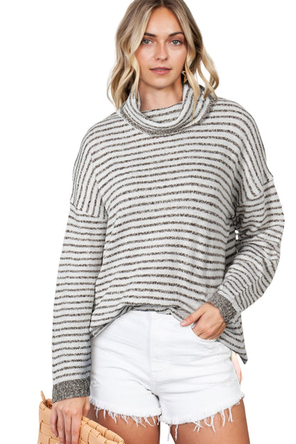 Gray Striped Turtleneck Oversized Sweater