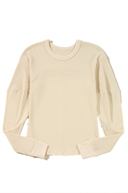 Beige Thermal Knit Patchwork Exposed Seam Long Sleeve Top