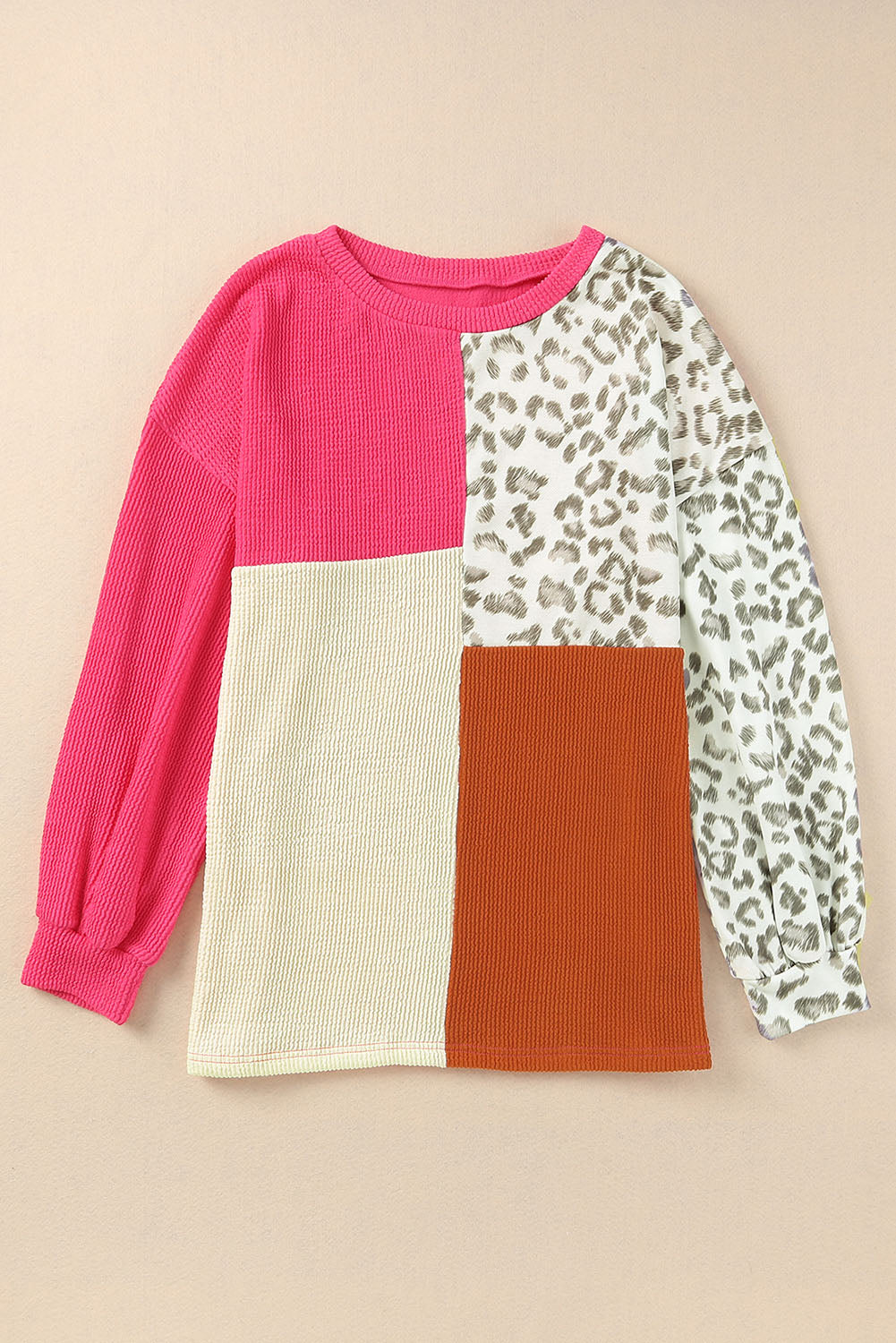 Rosy Leopard Patchwork Color Block Ribbed Long Sleeve Top