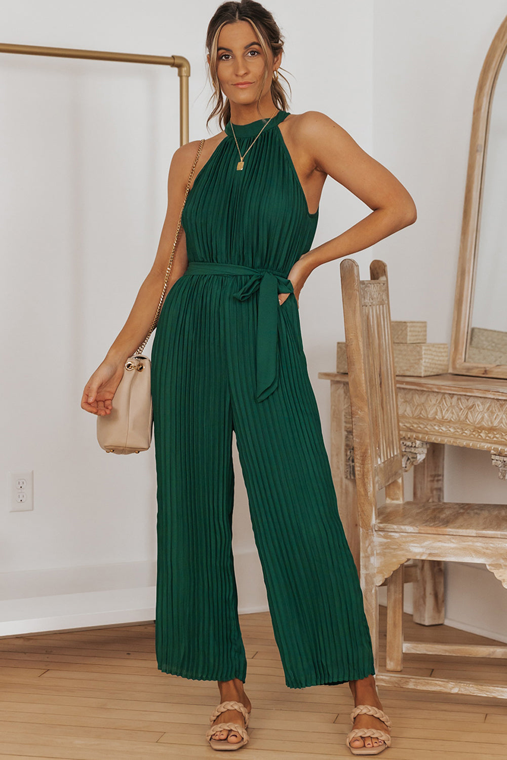 Black Elegant Halter Neck Belted Wide Leg Jumpsuit