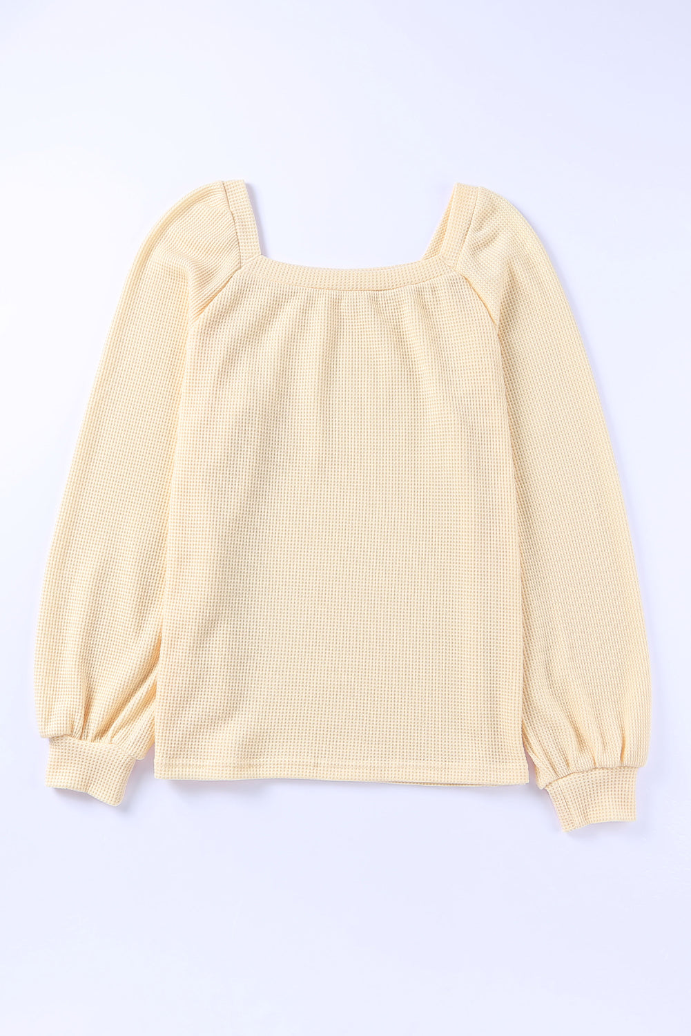 Green Plain Waffle Knit Bishop Sleeve Square Neck Top