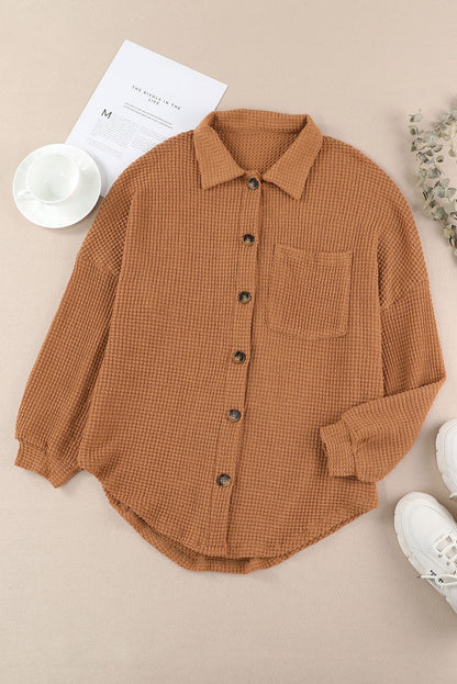 Khaki Pocket Buttons Front Waffle Knit Shacket