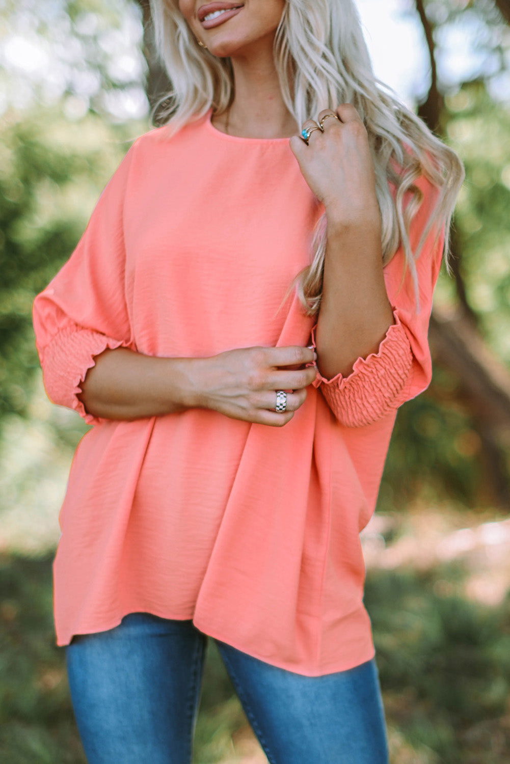 Pink Casual Shirred Cuffs Half Sleeve Top