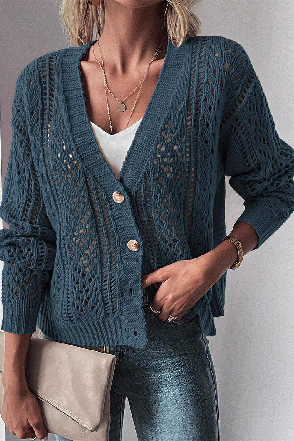 Green Hollow Knit Drop Shoulder Cardigan