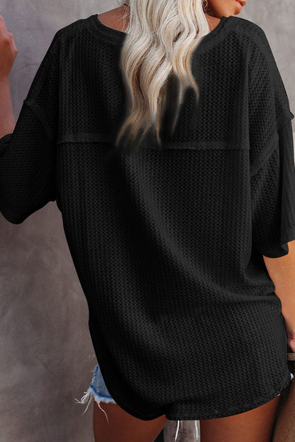 Black Waffle Knit Casual Drop Shoulder Loose Top