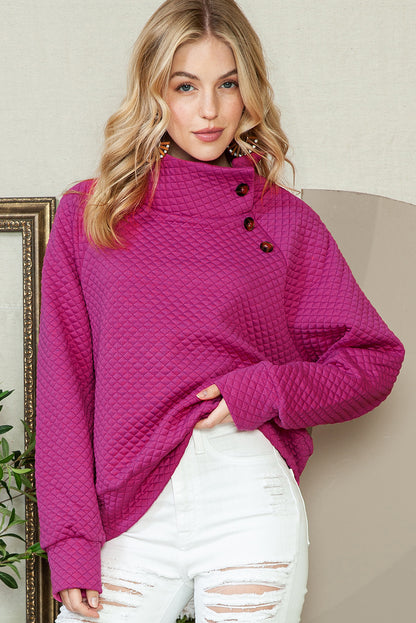 Rose Red Quilted Buttoned Neck Pullover Sweatshirt