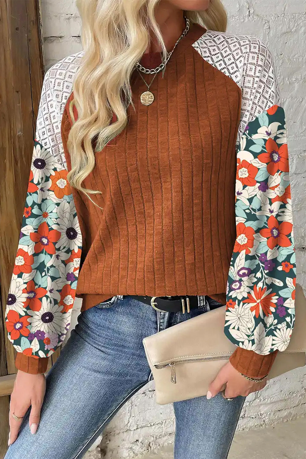 Black Floral Patchwork Raglan Sleeve Ribbed Top