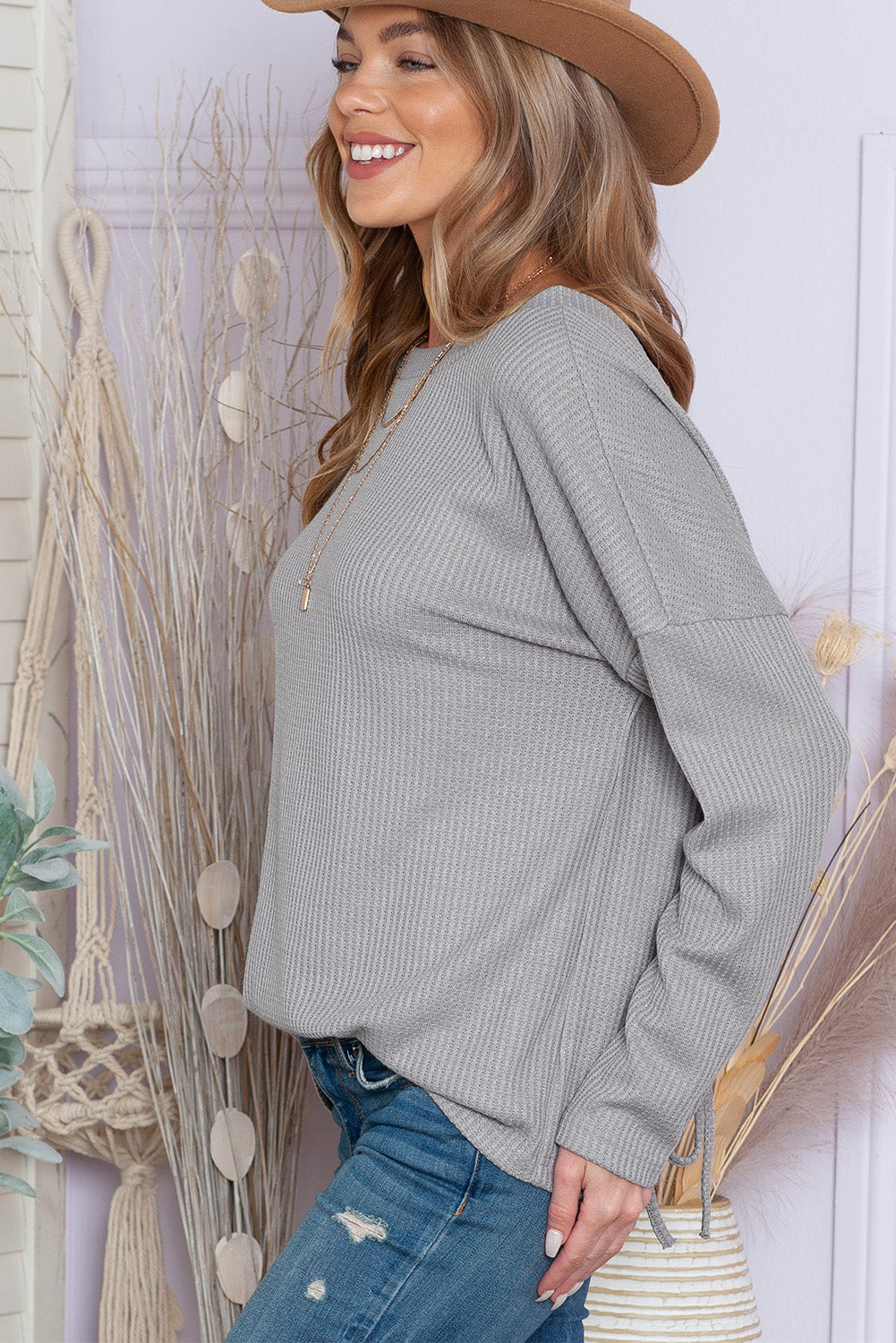 Grey Waffle Knit Backless Drop Shoulder Top