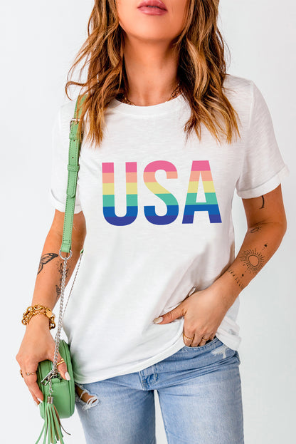 White Casual Colorful USA Letter Graphic Crewneck T Shirt