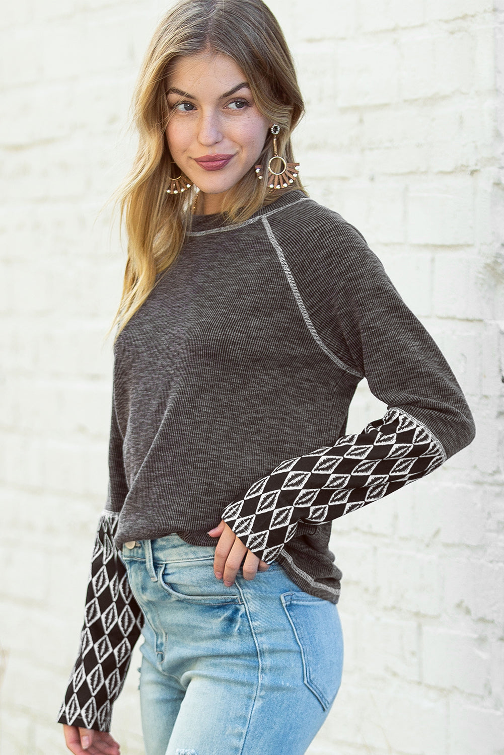 Gray Ribbed Casual Geometric Patchwork Long Sleeve Top