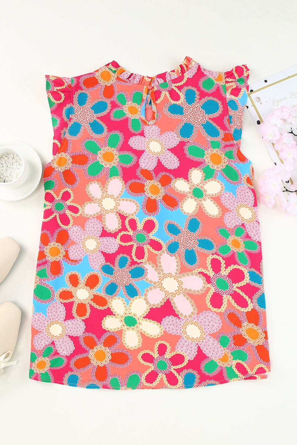 Pink Floral Print Boho Sleeveless Blouse