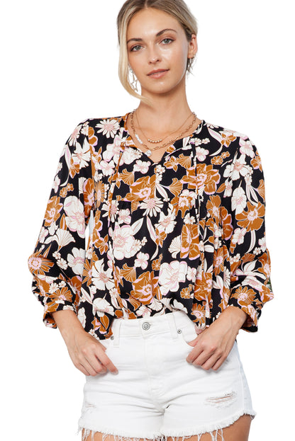 Brown Floral Print Notch Neck 3/4 Sleeve Peasant Blouse