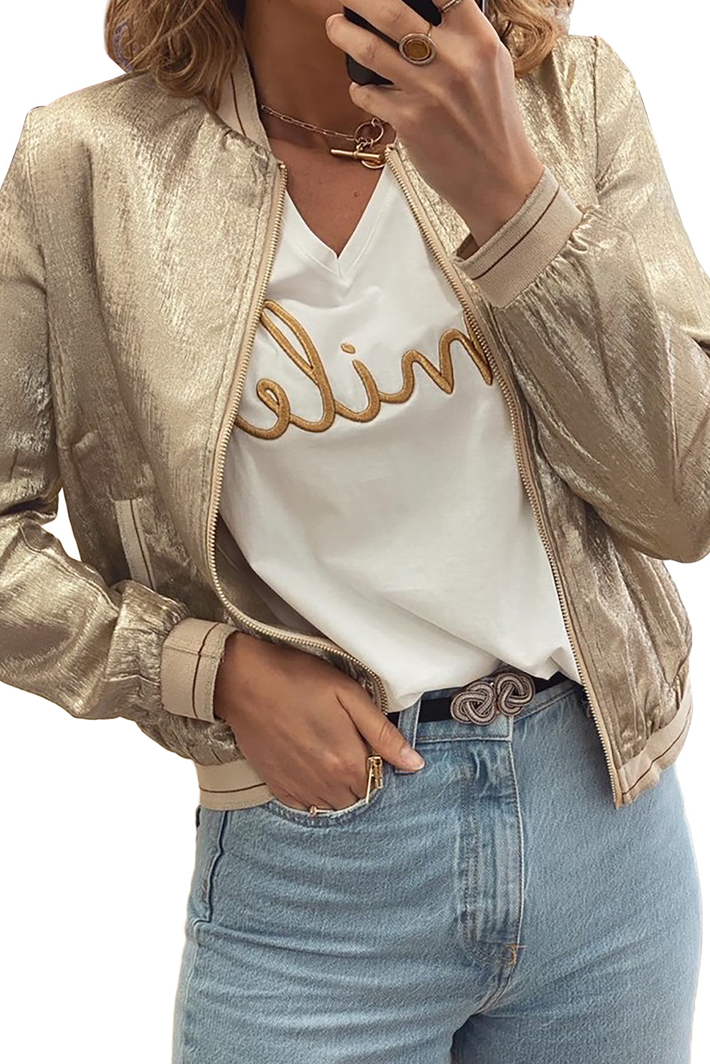 Pale Khaki Metallic Zip Up Baseball Pocket Jacket