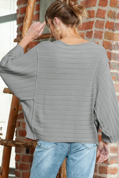 Apricot Solid Color Ribbed Knit 3/4 Sleeve Pullover Sweater