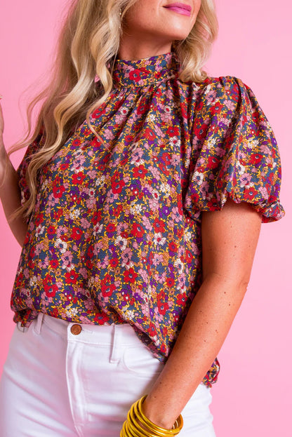 Purple Boho Floral Print Mock Neck Puff Sleeve Blouse