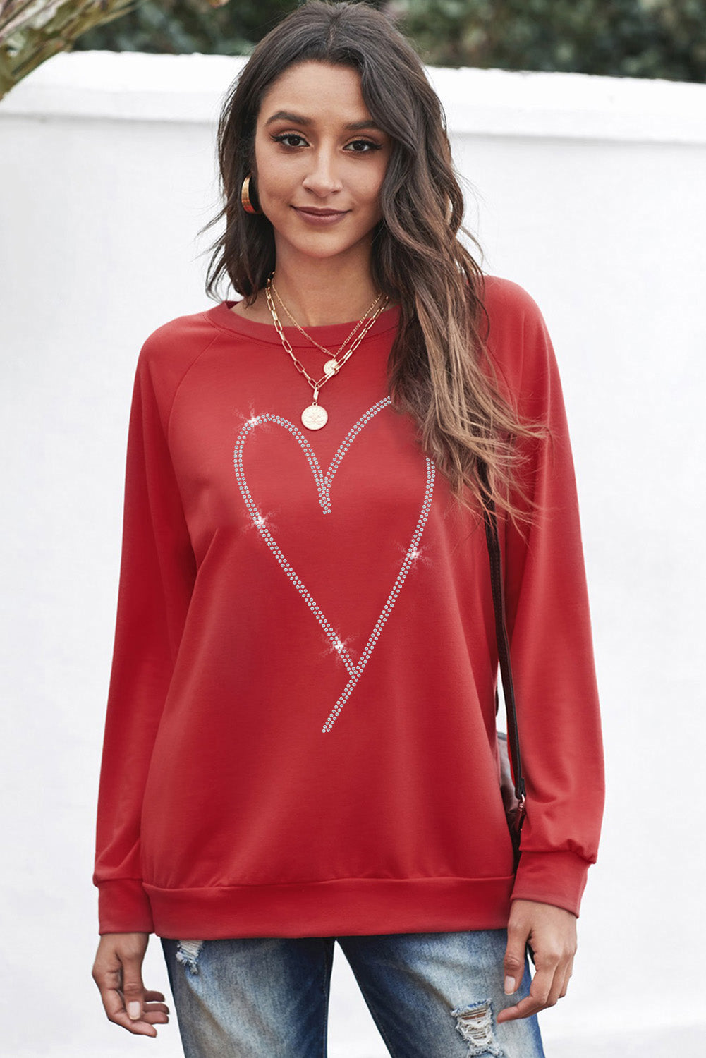 Red Casual Rhinestone Heart Shaped Graphic Sweatshirt