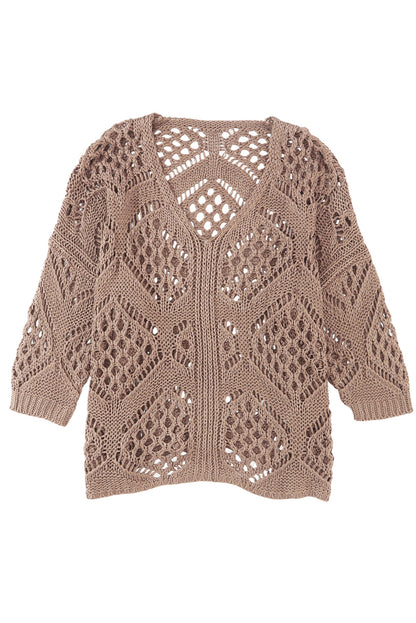 Khaki Hollowed Knit V Neck Dolman Sleeve Sweater