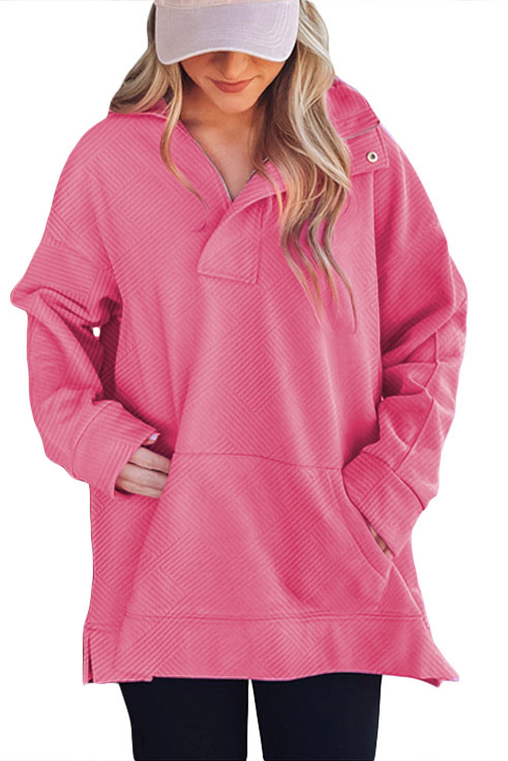 Hot Pink Casual Textured Kangaroo Pocket Sweatshirt