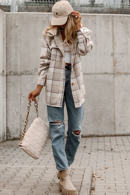 Khaki Plaid Removable Hooded Button Up Jacket