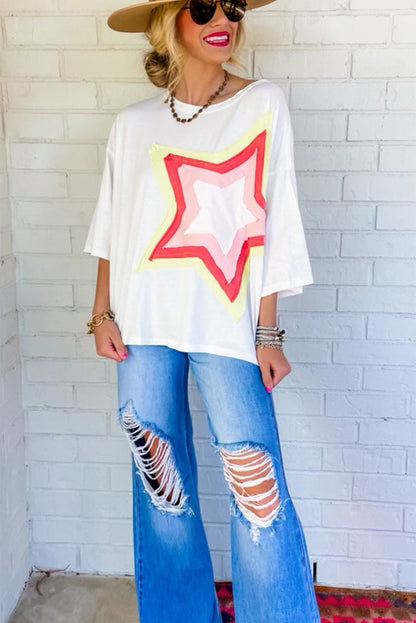 White Colorblock Star Patched Half Sleeve Oversized Tee