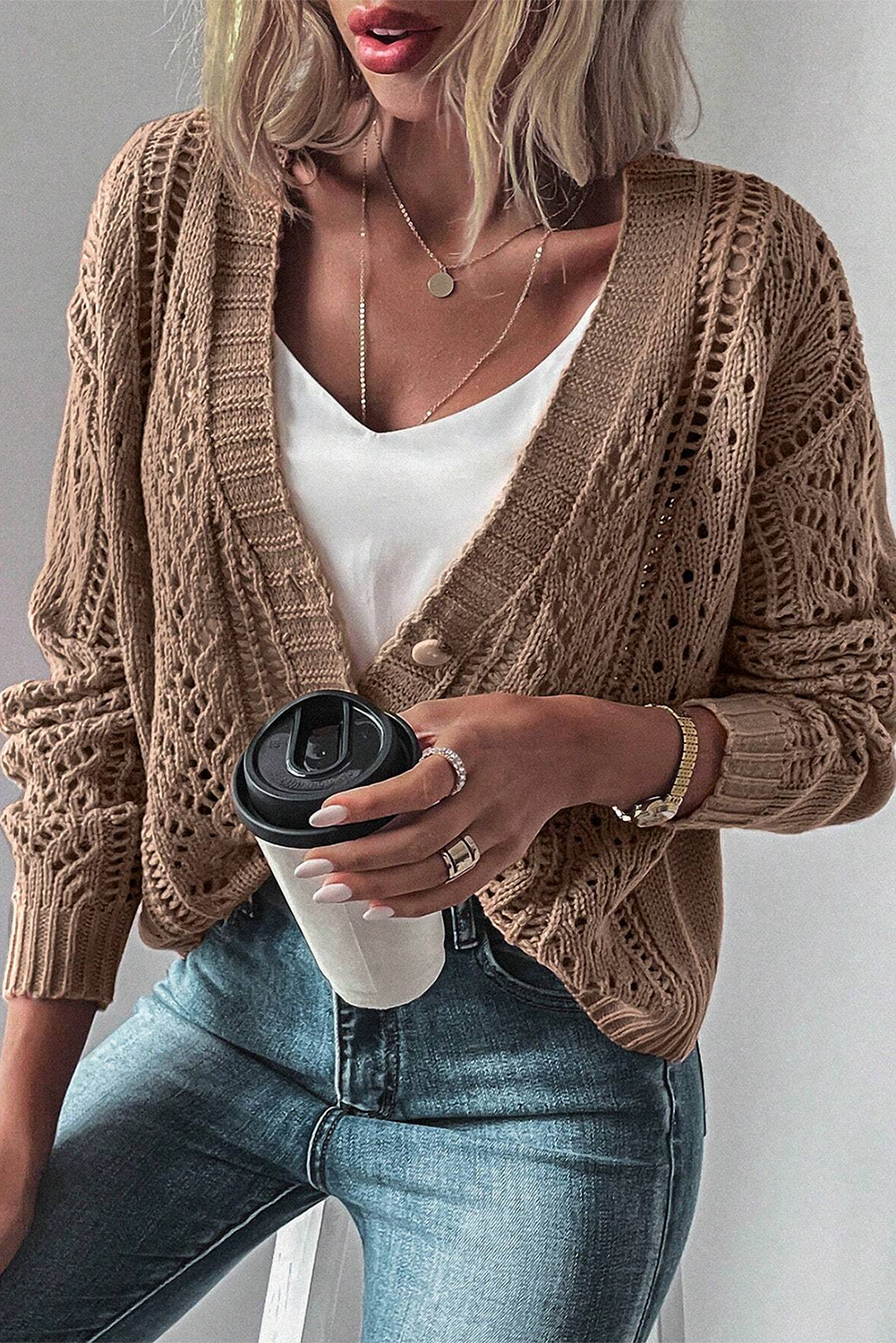 Green Hollow Knit Drop Shoulder Cardigan