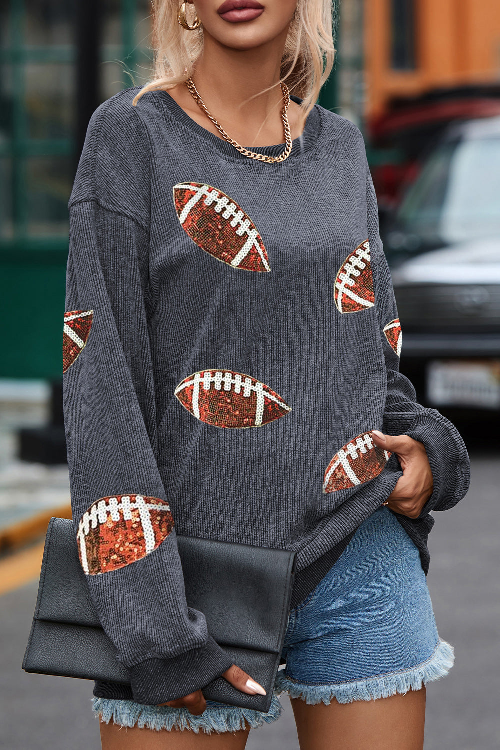 Pink Sequin Rugby Corded Oversized Graphic Sweatshirt