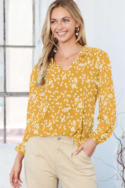 Yellow Frill Split V Neck Boho Crinkled Blouse