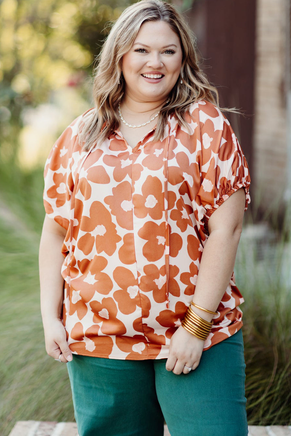  Orange Floral Drawstring Blouse