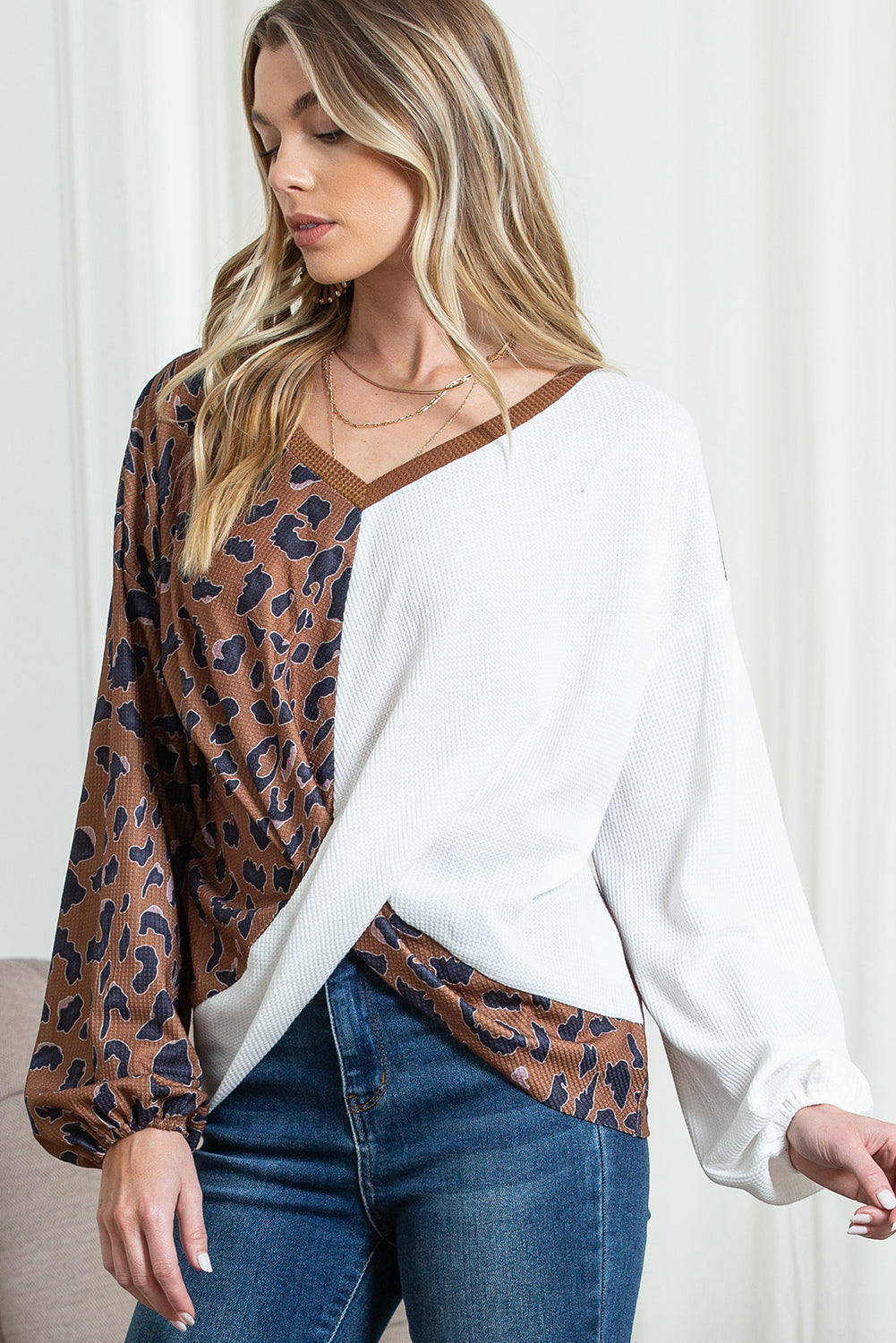 Brown Leopard Patchwork Waffle Knit Top