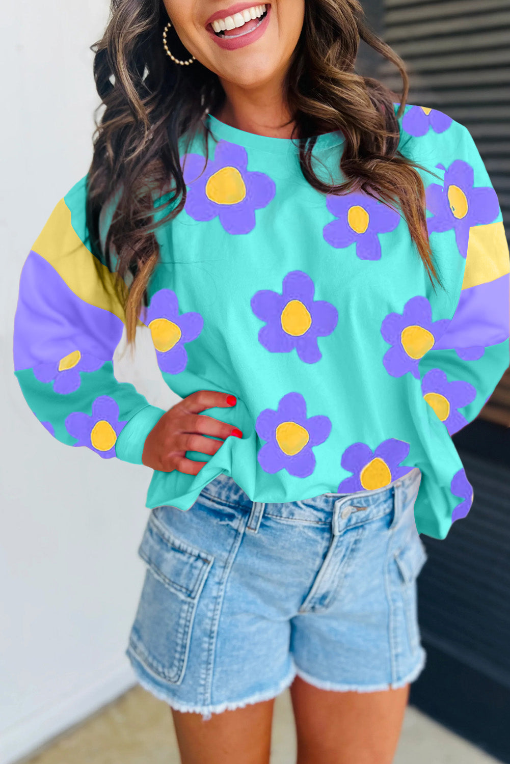 Sky Blue Floral Color Block Long Sleeve Top