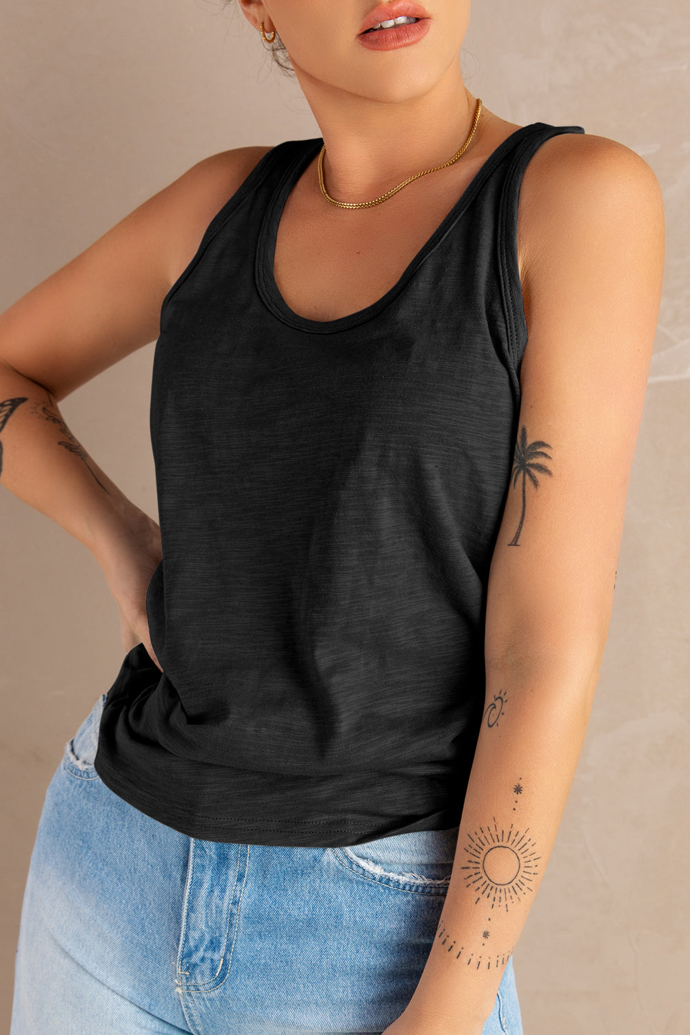 Gray Plain Scoop Neck Basic Solid Tank Top