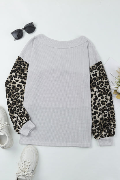 Leopard Print Color Block Waffle Knit Top