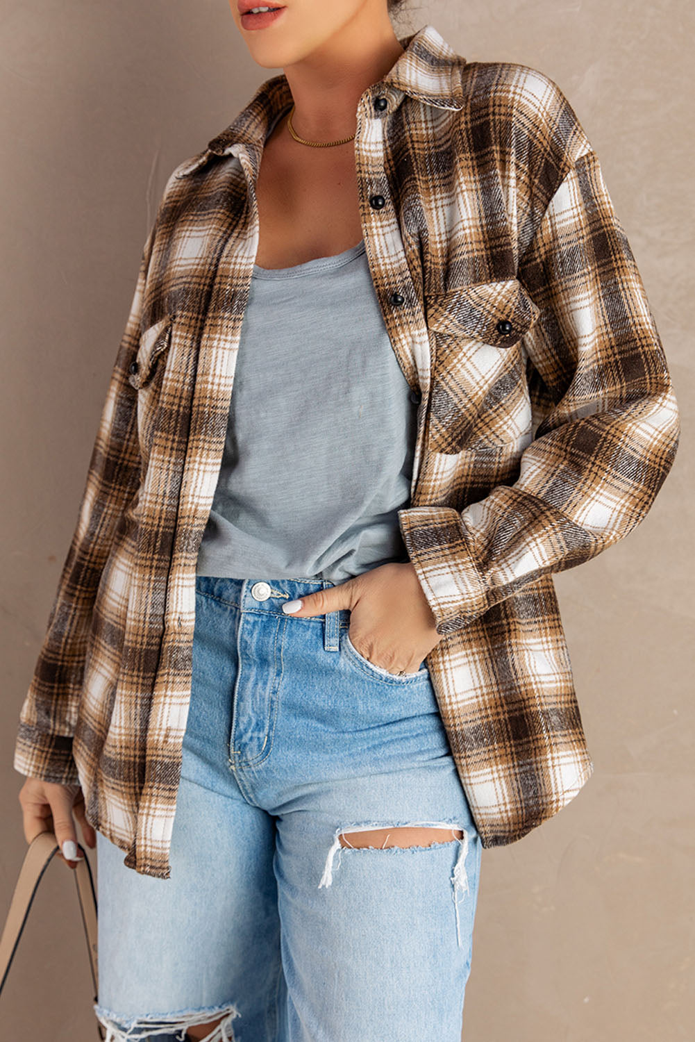 Brown Button Up Collared Plaid Shacket