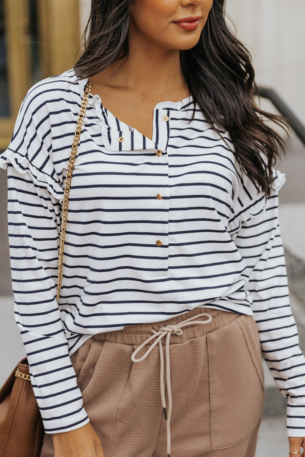 Red Striped Snap Button Frill Neck Long Sleeve Henley Shirt