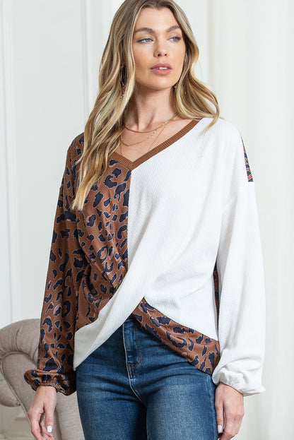 Brown Leopard Patchwork Waffle Knit Top