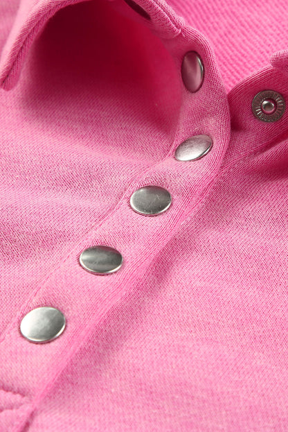 Pink Casual Washed Snap Button Pullover Sweatshirt